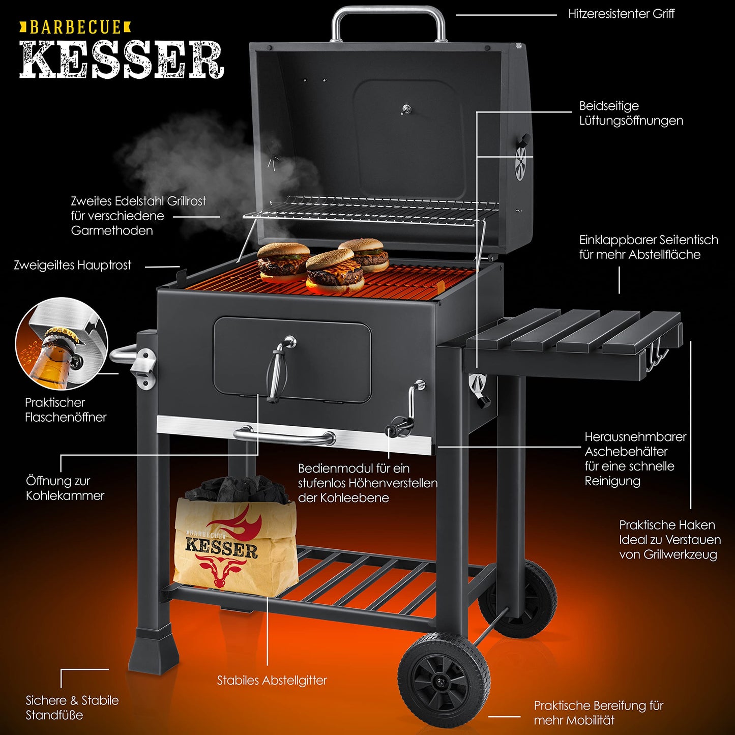 KESSER® Parrilla de Carbón con Carrito
